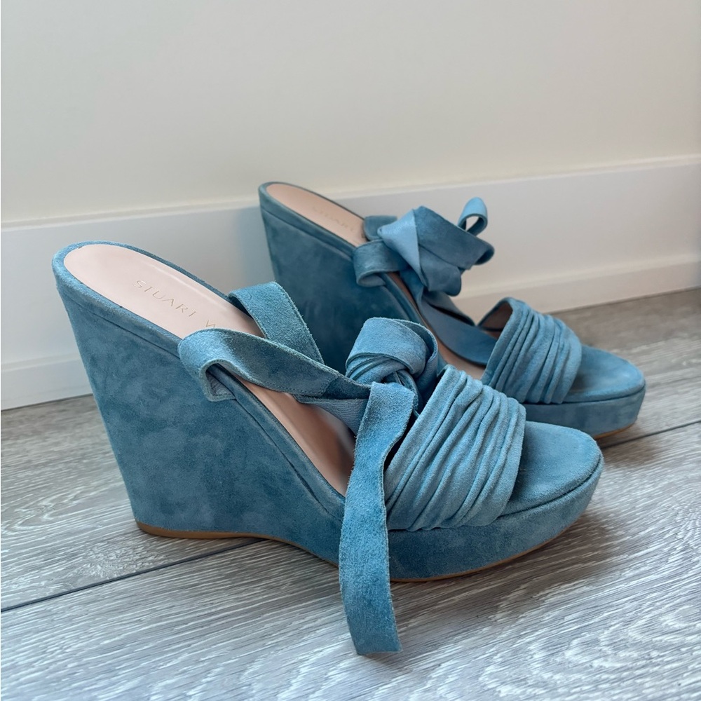 Stuart Weitzman Blue Suede Wedge Sandals